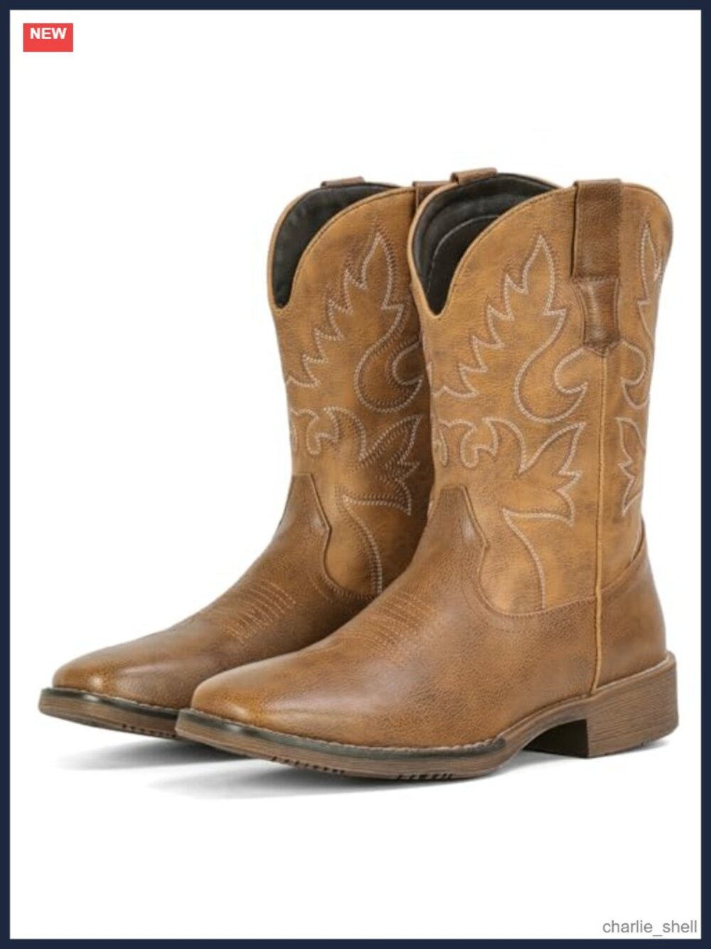 Mens Square Toe Western Cowboy Boots Chunky Heel Faux Leather Mid-Calf